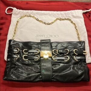 Jimmy Choo Black and Gold Clutch with Ruched Leather Removable Chain and Duster.
